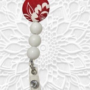 Red and White Floral Badge Reel Lobster Clip Handmade